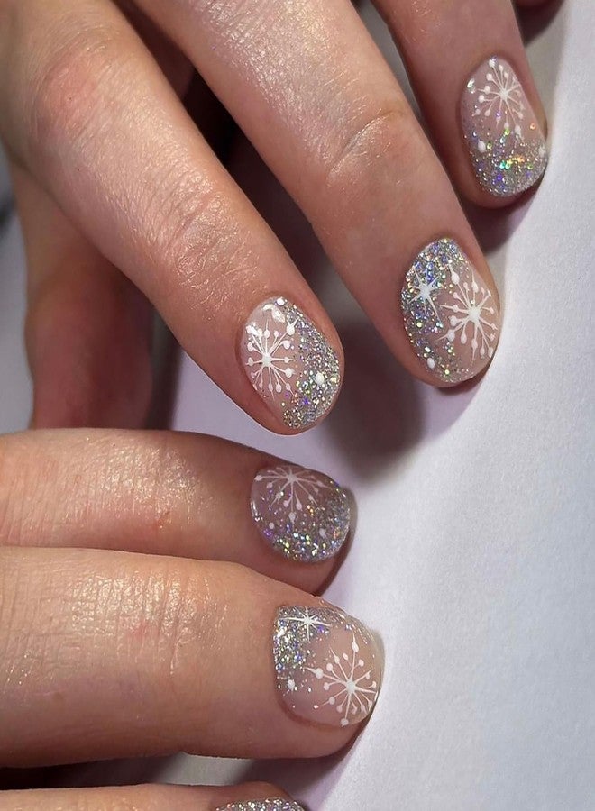 Vopintpy White Snowflake Press on Nails Short Square Christmas Fake Nails with Glitter Design Winter Xmas Acrylic False Nail Glossy Reusable Stick on Nail for Women DIY Manicure Decor - Image 1